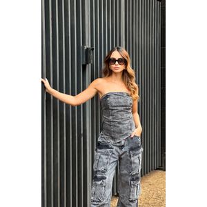 Corset Assimétrico Jeans sem alça - Preto Estonado