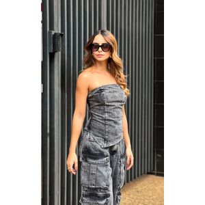 Corset Assimétrico Jeans sem alça - Preto Estonado