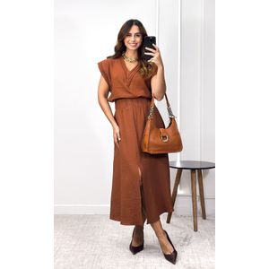Conjunto Blusa com Decote Drapeado e Saia - Terra Cota