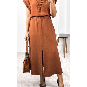 Conjunto Blusa com Decote Drapeado e Saia - Terra Cota