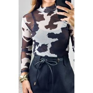Body Tule Gola Alta Cow Print - Bege/Preto