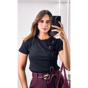 Blusa Malha com Flores e Pedraria - Preto