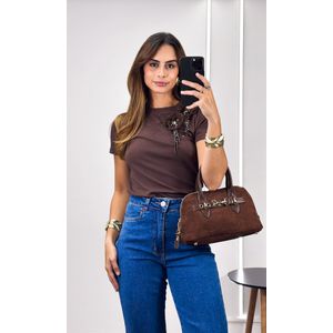 Blusa Malha com Flores e Pedraria - Marrom Escuro