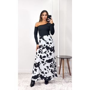 Saia Longa Evasê Cow Print - Branco/Preto