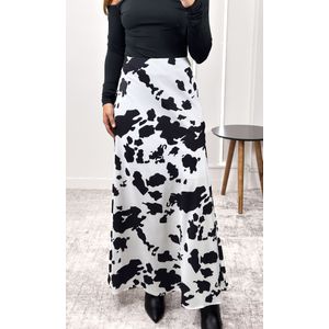 Saia Longa Evasê Cow Print - Branco/Preto