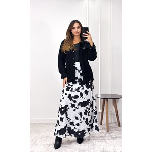 Saia Longa Evasê Cow Print - Branco/Preto