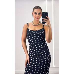 Vestido Reto Tule Poá - Preto/Bege