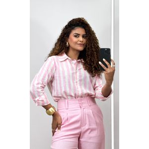 Camisa Algodão Listrada - Rosa/Branco