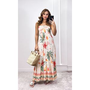 Vestido Frente Única Franzida Estampa - Bege Claro/Rosa
