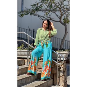 Calça Pantalona Estampa Tropical - Azul Água