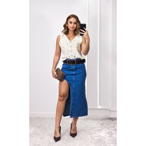 Saia Midi Jeans Fenda - Azul