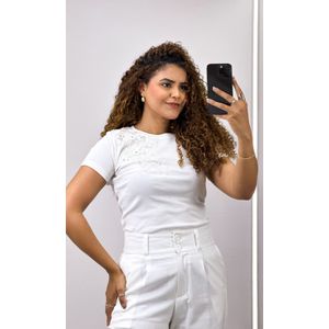 Blusa Malha Bordado Flor Pedraria - Branco