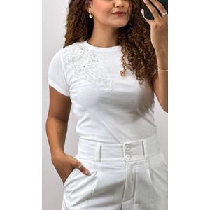 Blusa Malha Bordado Flor Pedraria - Branco