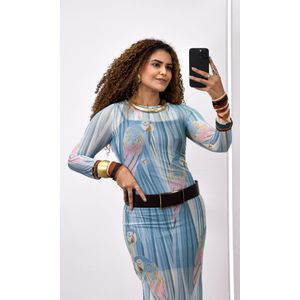 Vestido Tule Manga Listrado com Arara - Azul/Off/Rosa
