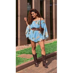Macaquinho Chiffon Ombro a Ombro Floral - Azul Claro