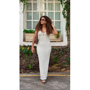 Vestido Crochê Decote Pedras Selena - Off