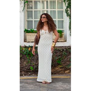 Vestido Crochê Decote Pedras Selena - Off