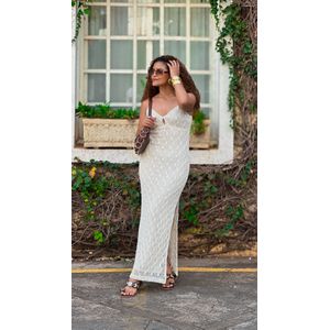 Vestido Crochê Decote Pedras Selena - Off