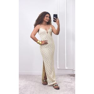 Vestido Crochê Decote Pedras Selena - Bege