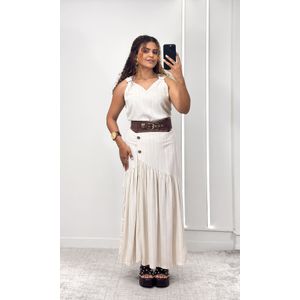 Conjunto Saia Botões e Blusa Cavada - Off
