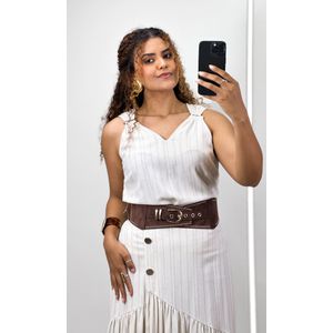 Conjunto Saia Botões e Blusa Cavada - Off