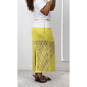 Saia Midi com Renda Floral e Elástico - Amarelo Candy