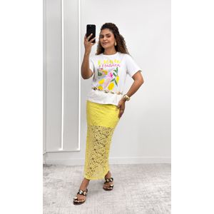Saia Midi com Renda Floral e Elástico - Amarelo Candy