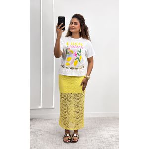 Saia Midi com Renda Floral e Elástico - Amarelo Candy
