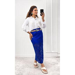Saia Midi com Renda Floral e Elástico - Azul Bic
