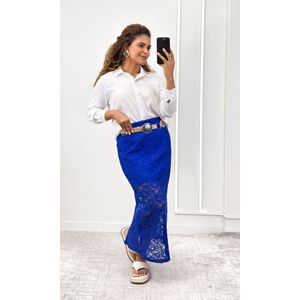 Saia Midi com Renda Floral e Elástico - Azul Bic