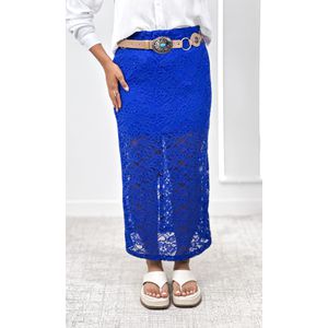 Saia Midi com Renda Floral e Elástico - Azul Bic