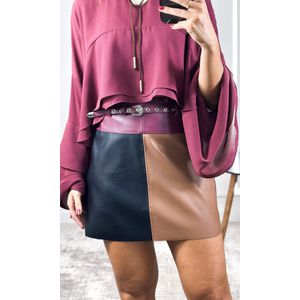 Saia Courino Tricolor com Cinto - Bordô/Preto/Marrom