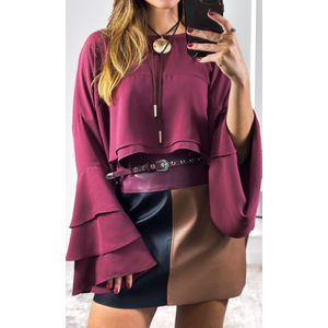 Saia Courino Tricolor com Cinto - Bordô/Preto/Marrom