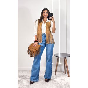 Colete Suede com Franjas e Taxas - Bege