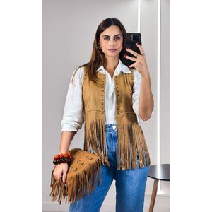Colete Suede com Franjas e Taxas - Bege