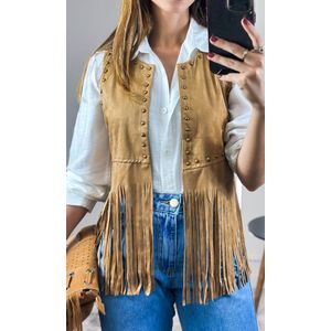 Colete Suede com Franjas e Taxas - Bege