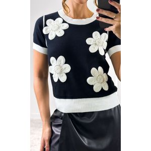 Blusa Tricô Modal Flores Crochê - Preto