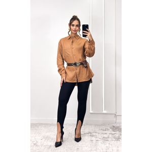 Camisa Linho Alongada com Bolso - Caramelo