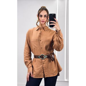 Camisa Linho Alongada com Bolso - Caramelo