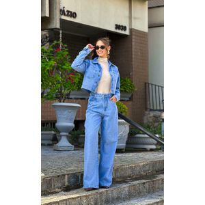 Calça Jeans Wide Leg Strass - Azul Médio