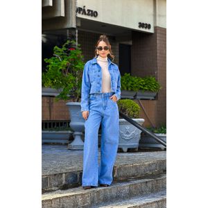 Calça Jeans Wide Leg Strass - Azul Médio