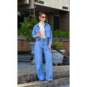 Calça Jeans Wide Leg Strass - Azul Médio