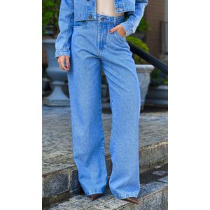 Calça Jeans Wide Leg Strass - Azul Médio