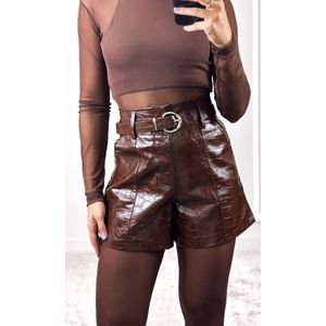 Short Courino Croco com Cinto - Marrom