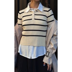 Blusa Polo Tricô Modal Listrada - Bege/Preto