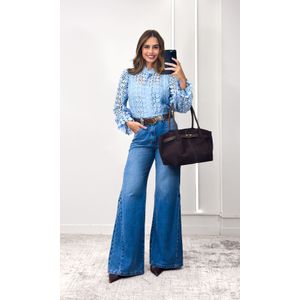 Camisa Manga e Gola Guipir - Azul