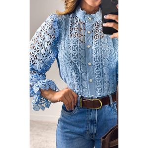Camisa Manga e Gola Guipir - Azul