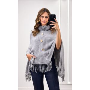 Poncho Tricô Gola Peluciada - Cinza