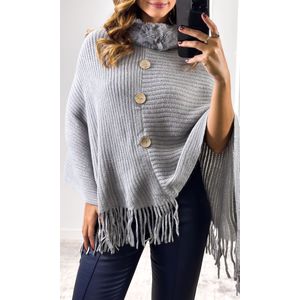 Poncho Tricô Gola Peluciada - Cinza