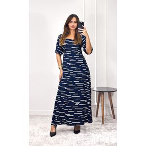 Vestido Longo Decote Reto Abstrato - Azul Marinho